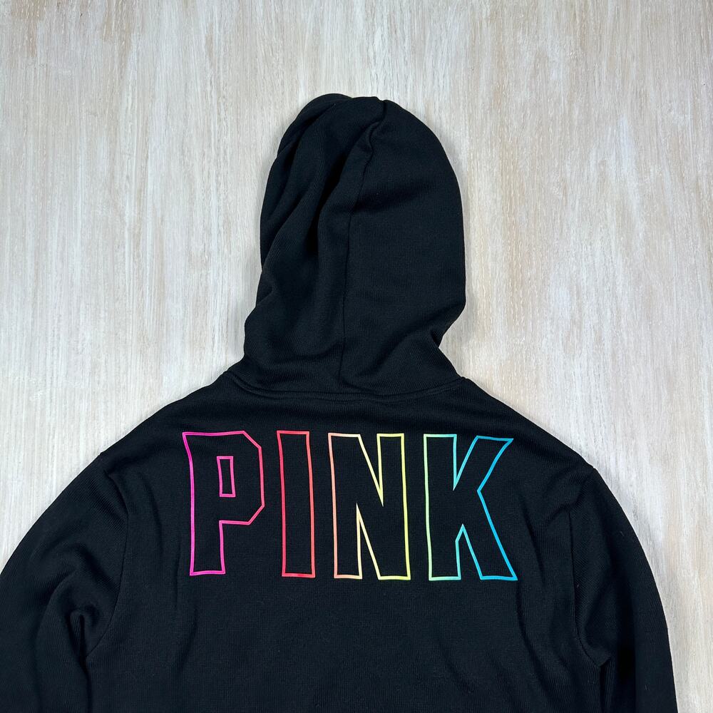 PINK Victoria's Secret Black Pullover Crop Hoodie Y2K Casual Rainbow Logo Small - Picture 11 of 11